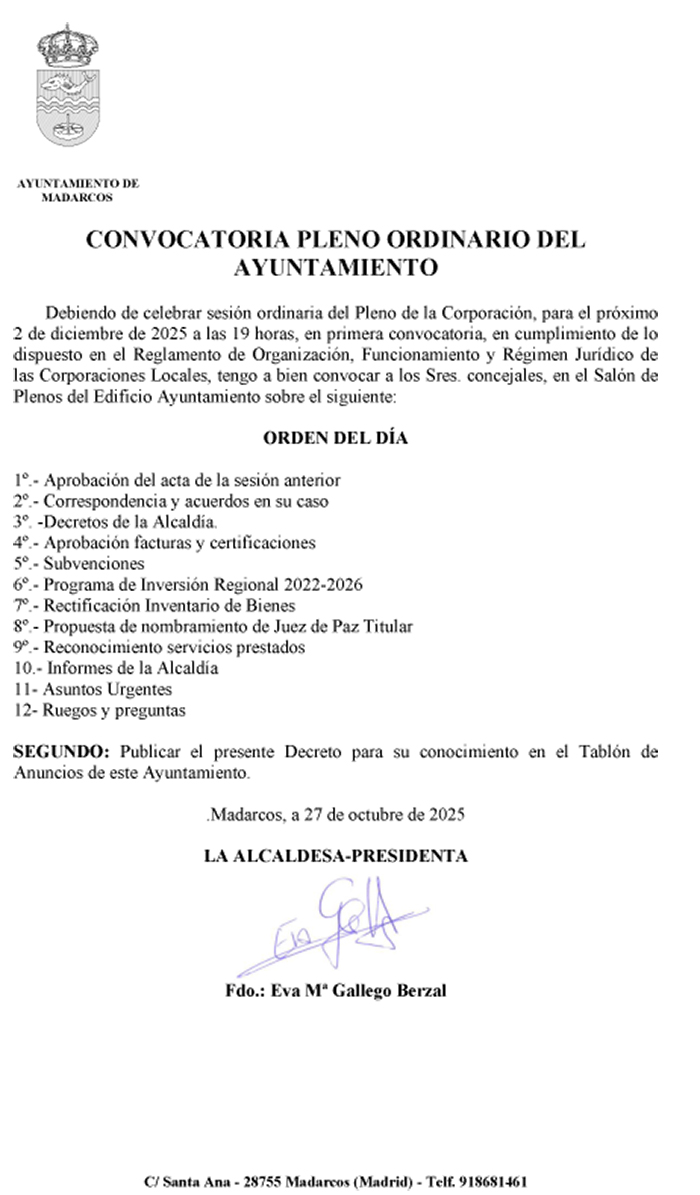 convocatoria Madarcos 2 dic 25